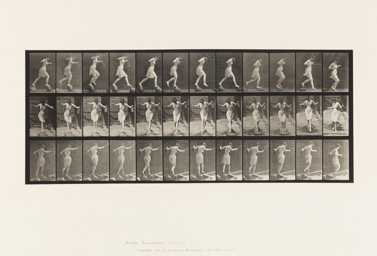 Placa 175. Travessia do riacho em degraus com vara de pesca e lata de Eadweard Muybridge