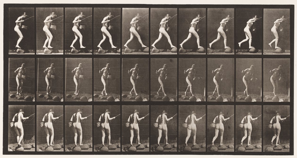 Placa 176. Travessia do riacho em degraus com vara de pesca e cesta de Eadweard Muybridge