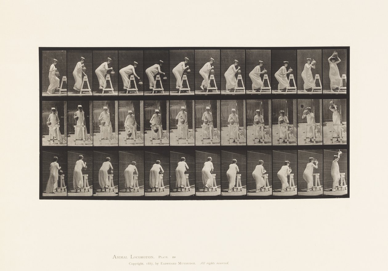 Placa 216. Dobrar para encher o recipiente de água; Colocar o recipiente na cabeça de Eadweard Muybridge