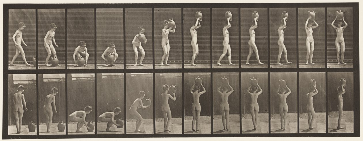 Placa 222. Inclinando-se e levantando o jarro de água para a cabeça e girando de Eadweard Muybridge
