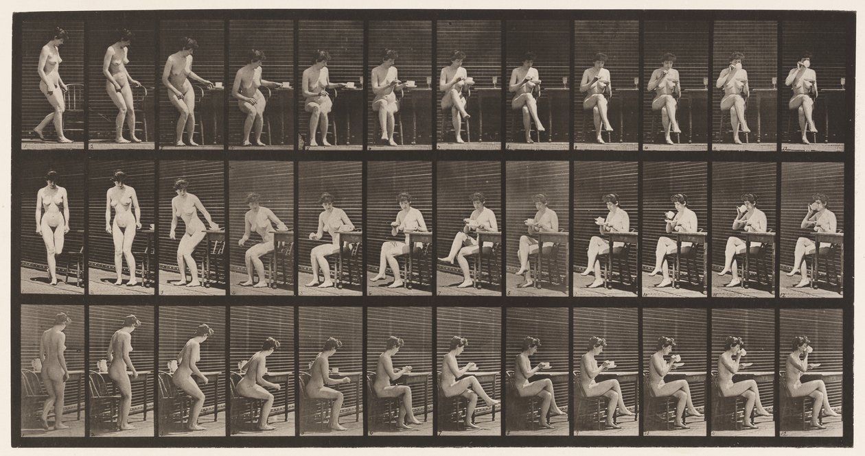 Placa 238. Sentado na cadeira, cruzando as pernas, bebendo da xícara de chá de Eadweard Muybridge