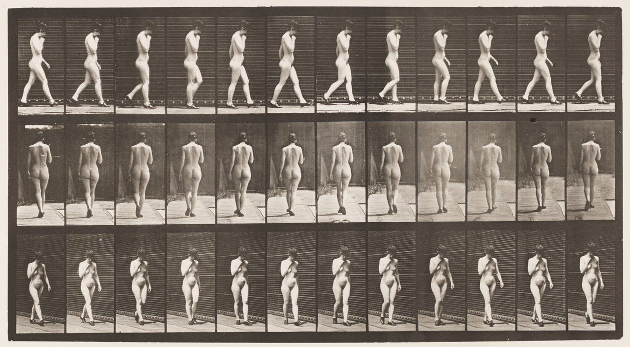 Ilustração 23. Caminhando, mão direita no queixo, sapatos de salto alto calçados de Eadweard Muybridge