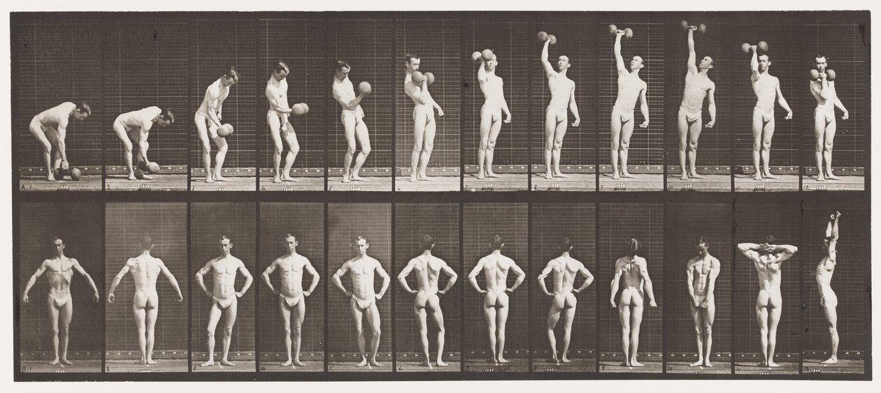 Placa 321. A, Levantando um Dumb-Bell de 50 libras; B, Posando de Eadweard Muybridge