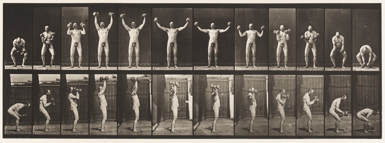 Placa 325. Elevando e Segurando Dois 50-lb. Sinos mudos, 1885 de Eadweard Muybridge