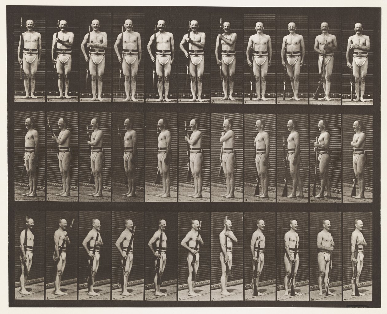 Placa 354. Carregar as armas, Descansar no desfile e Trilha das armas de Eadweard Muybridge