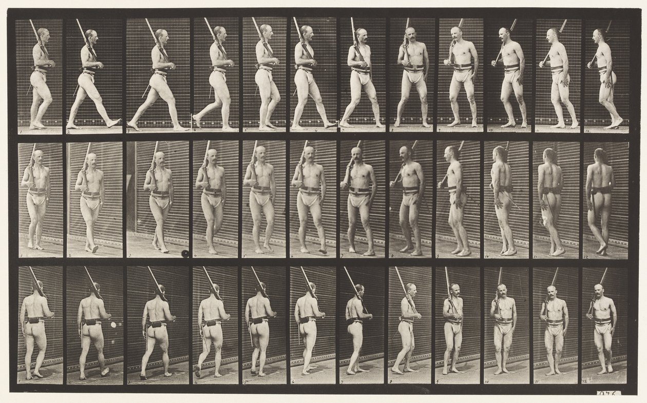 Placa 355. Em guarda, andando e dando meia-volta de Eadweard Muybridge