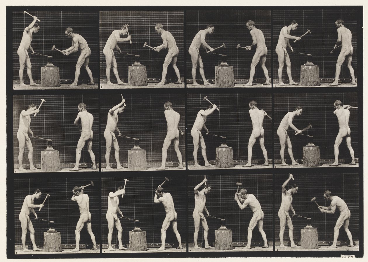 Placa 374. Ferreiros, dois modelos, martelando na bigorna de Eadweard Muybridge