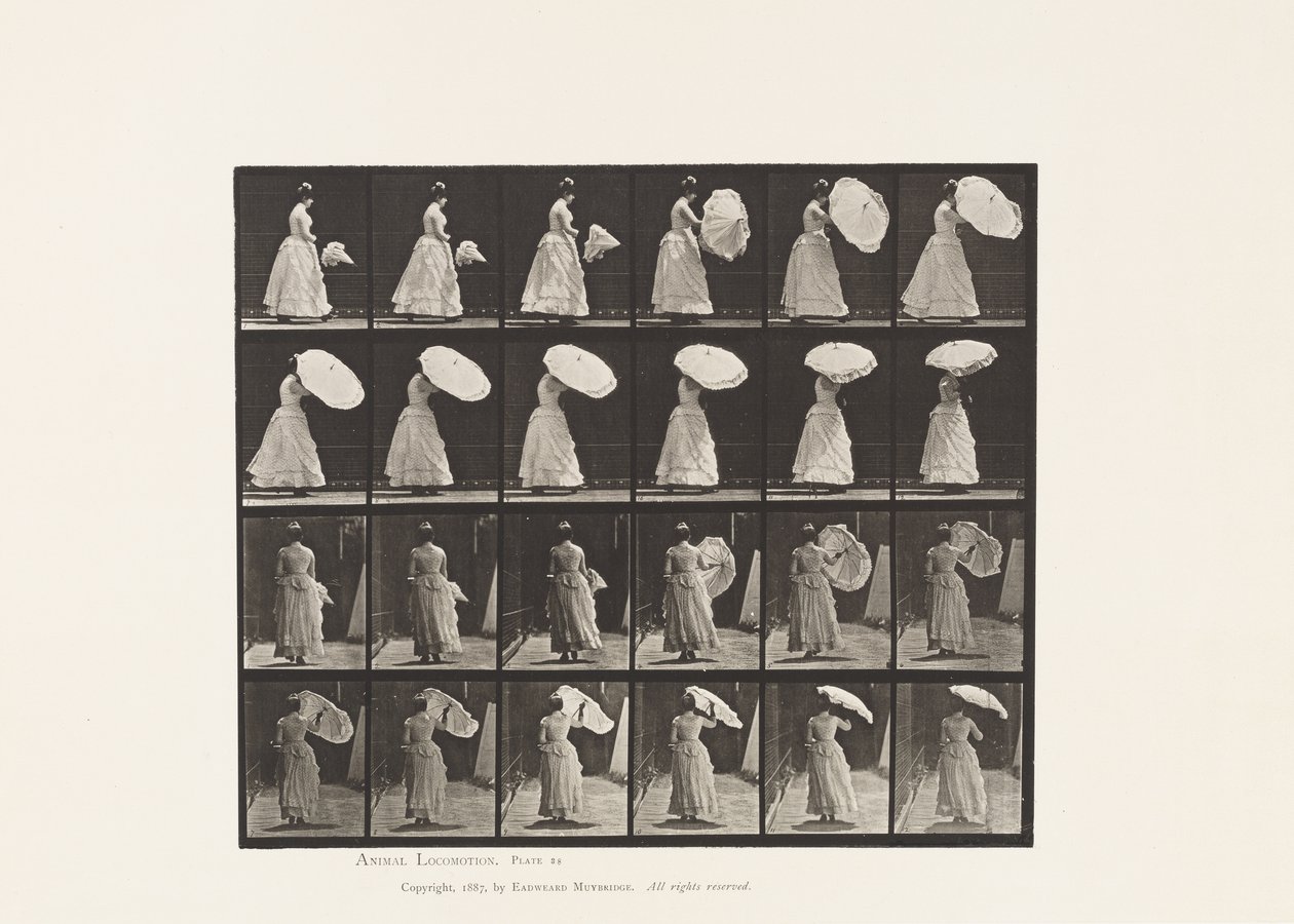 Placa 38. Andando, Abrindo Parasol, 1885 de Eadweard Muybridge
