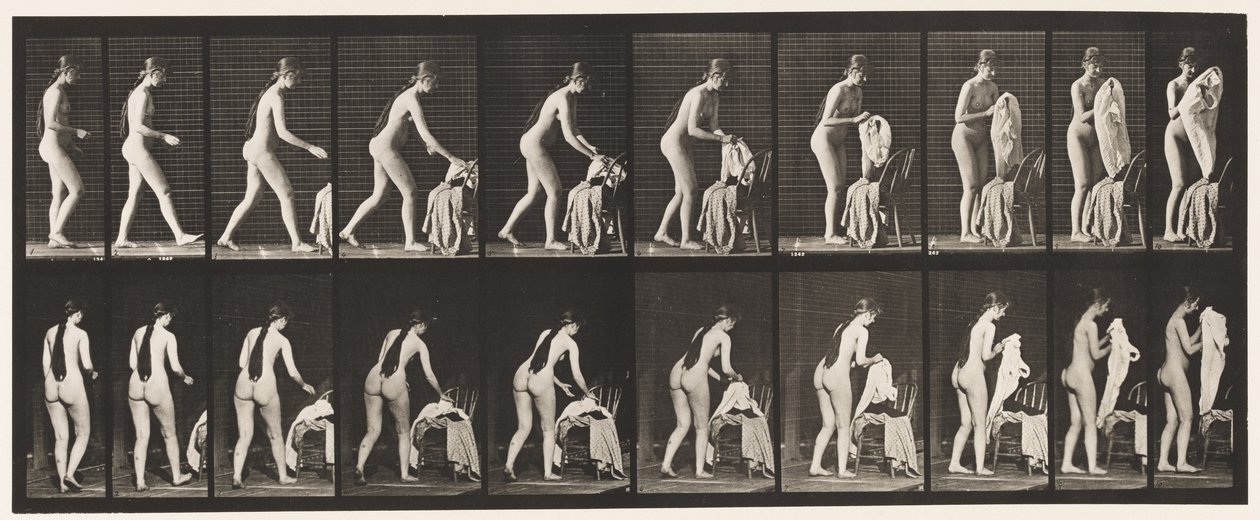 Placa 415. Vaso sanitário, preparando-se para vestir a roupa de Eadweard Muybridge