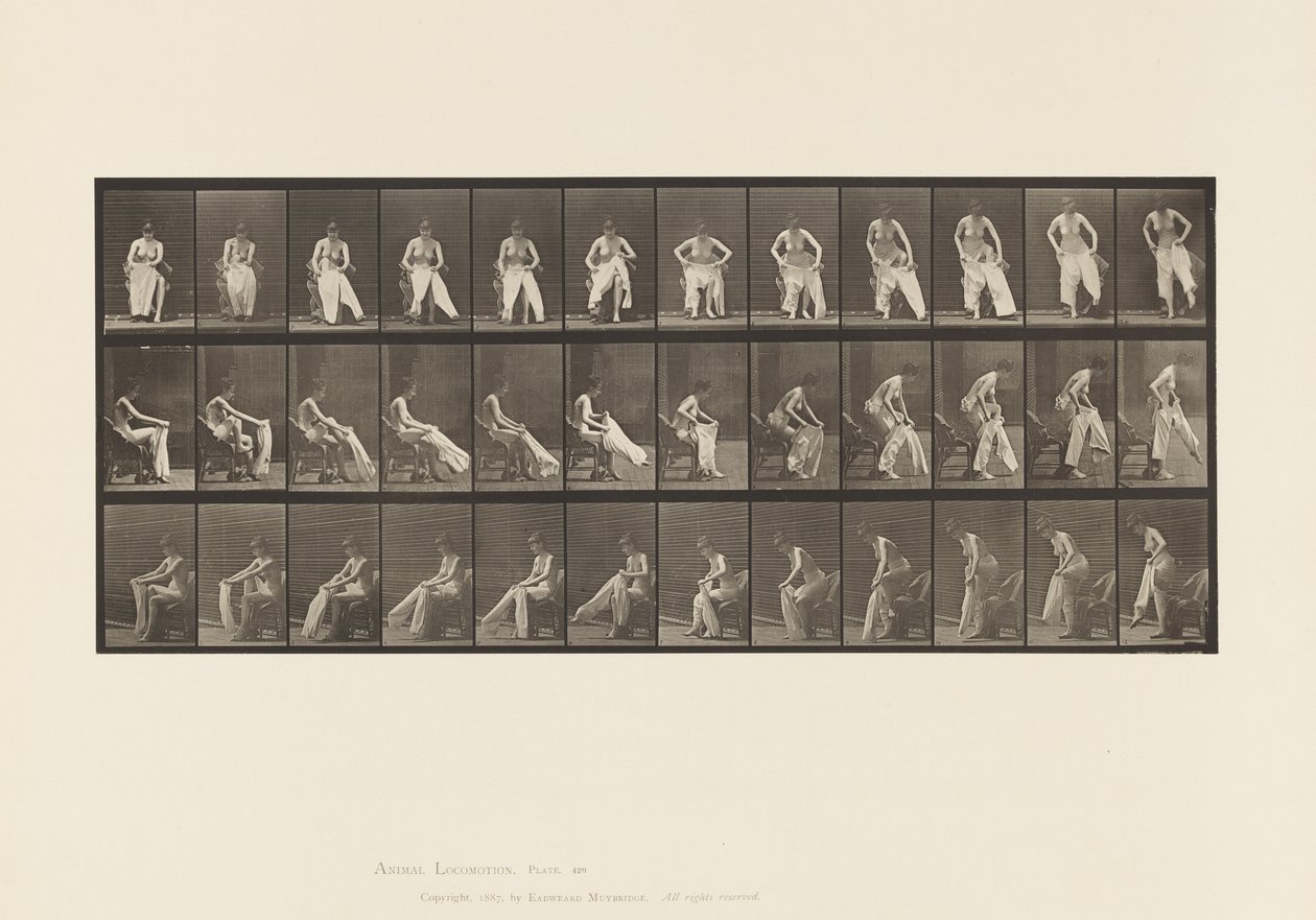 Placa 420.Toilet; Levantar-se da cadeira e vestir roupas, 1885 de Eadweard Muybridge