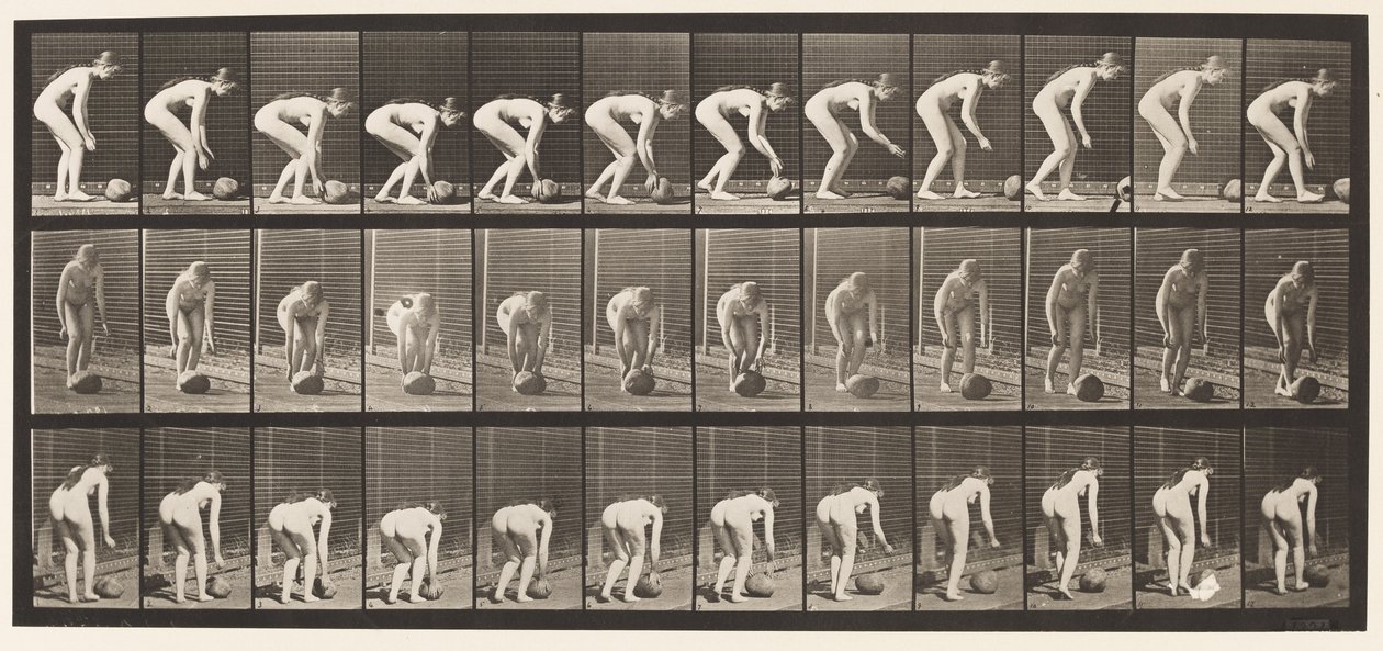 Placa 442. Inclinar-se e rolar uma pedra no chão de Eadweard Muybridge