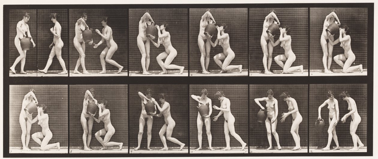 Placa 452. Dois Modelos, 8 Ajoelhar-se, Bebidas de Jarro de Água nas Mãos, 1872-1885 de Eadweard Muybridge