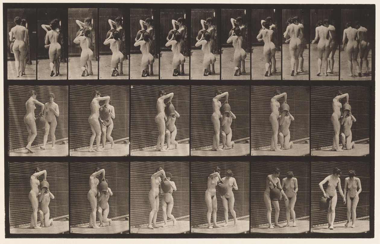 Placa 453. Dois modelos; 8 joelhos, bebidas de jarra de água nas mãos de Eadweard Muybridge