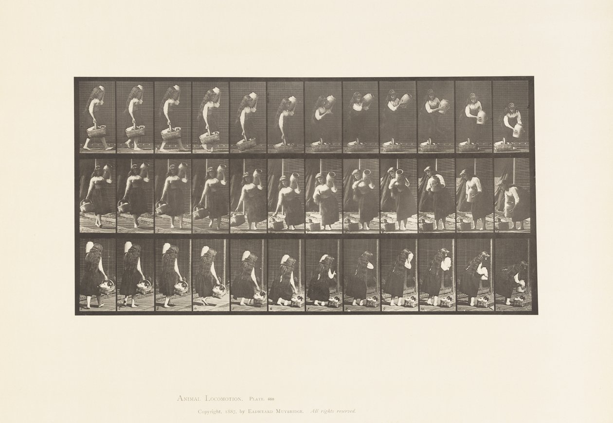 Placa 460.Frasco de barro no ombro e cesta na mão, 1885 de Eadweard Muybridge