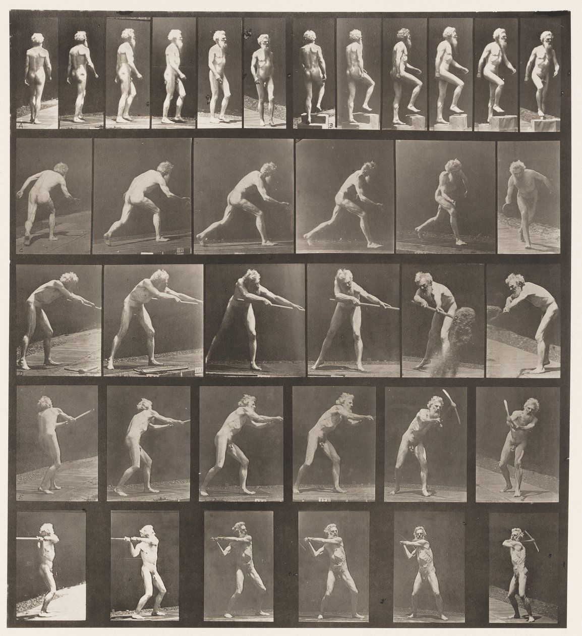 Placa 521. A, Andando; B, degrau ascendente; C, disco de arremesso de Eadweard Muybridge