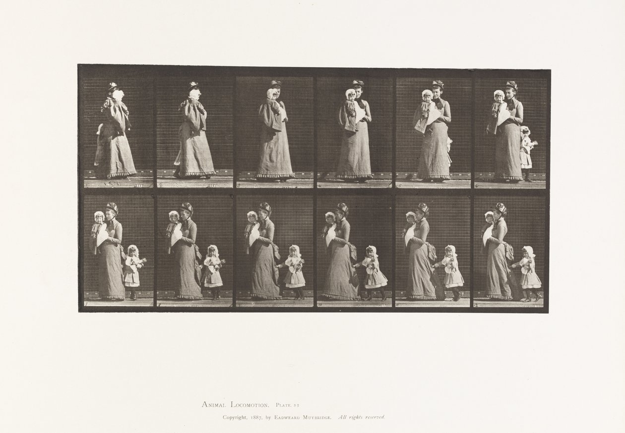 Prato 52. Andando com a criança carregando, virando-se; outra criança (70) segurando para se vestir de 9 de Eadweard Muybridge