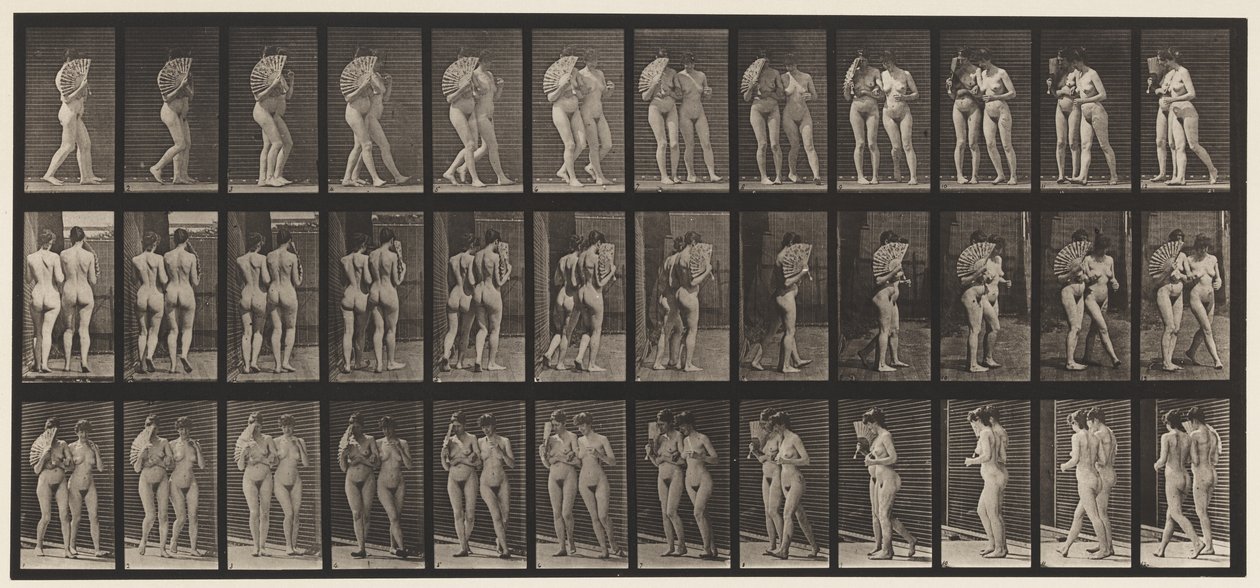Prato 54. Andando, Dois Modelos/Um Flertando Um Ventilador, Braço a Braço de Eadweard Muybridge