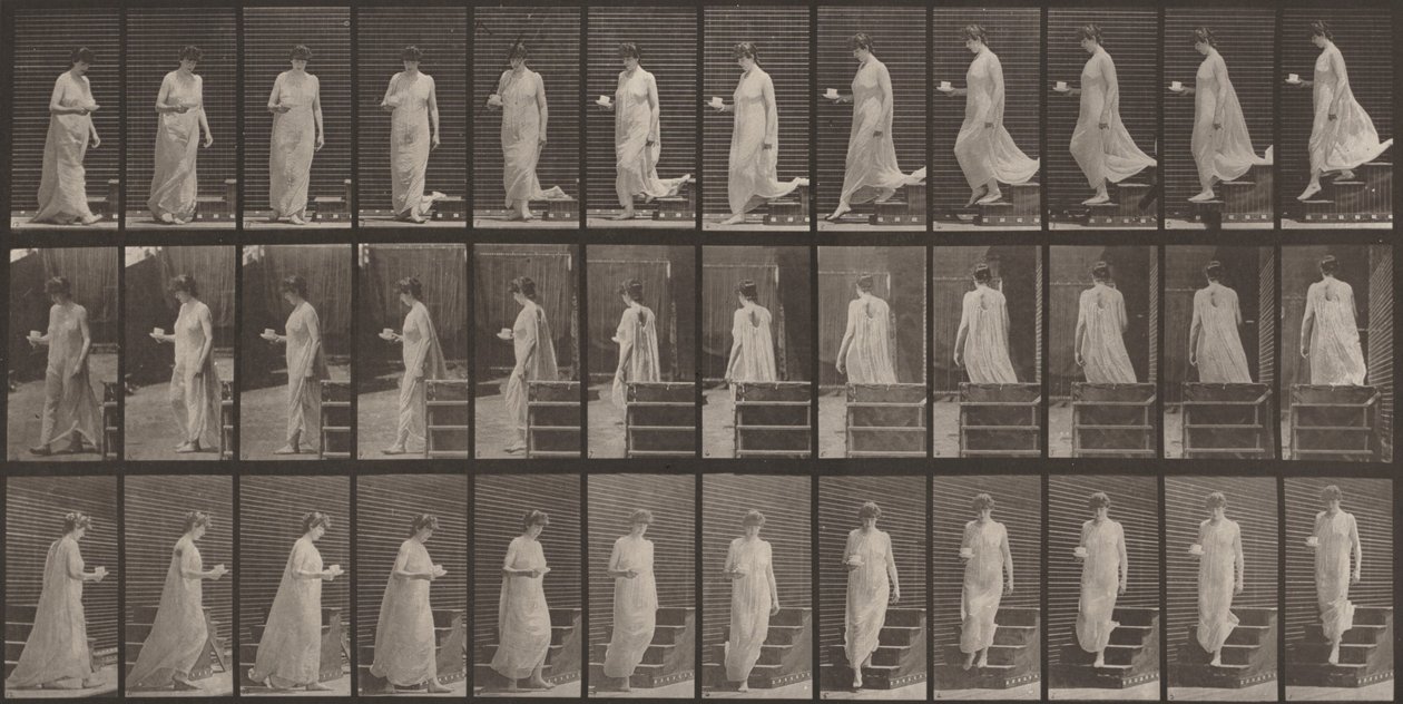Prancha número 143. A descer escadas, uma chávena e um pires na mão direita de Eadweard Muybridge