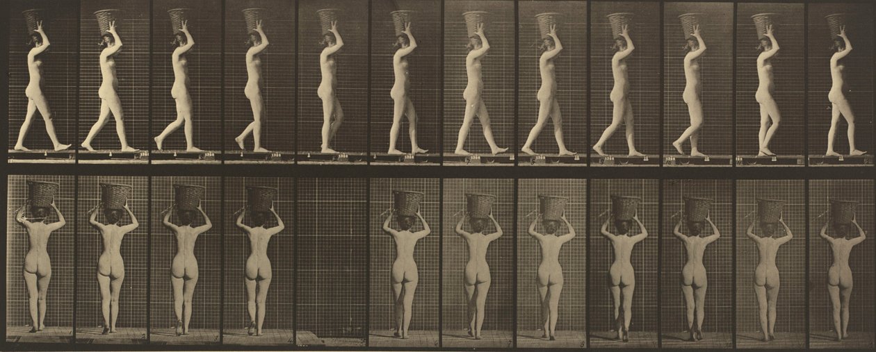 Prancha número 34. Caminhar e transportar um cesto de 15 lb sobre a cabeça, mãos levantadas de Eadweard Muybridge