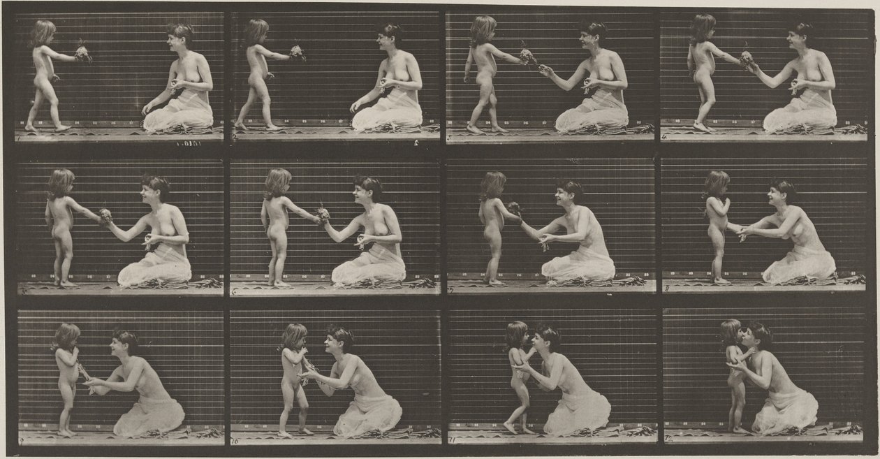 Placa número 465. Criança a oferecer um ramo de flores a uma mulher,1887 (fotografia) de Eadweard Muybridge