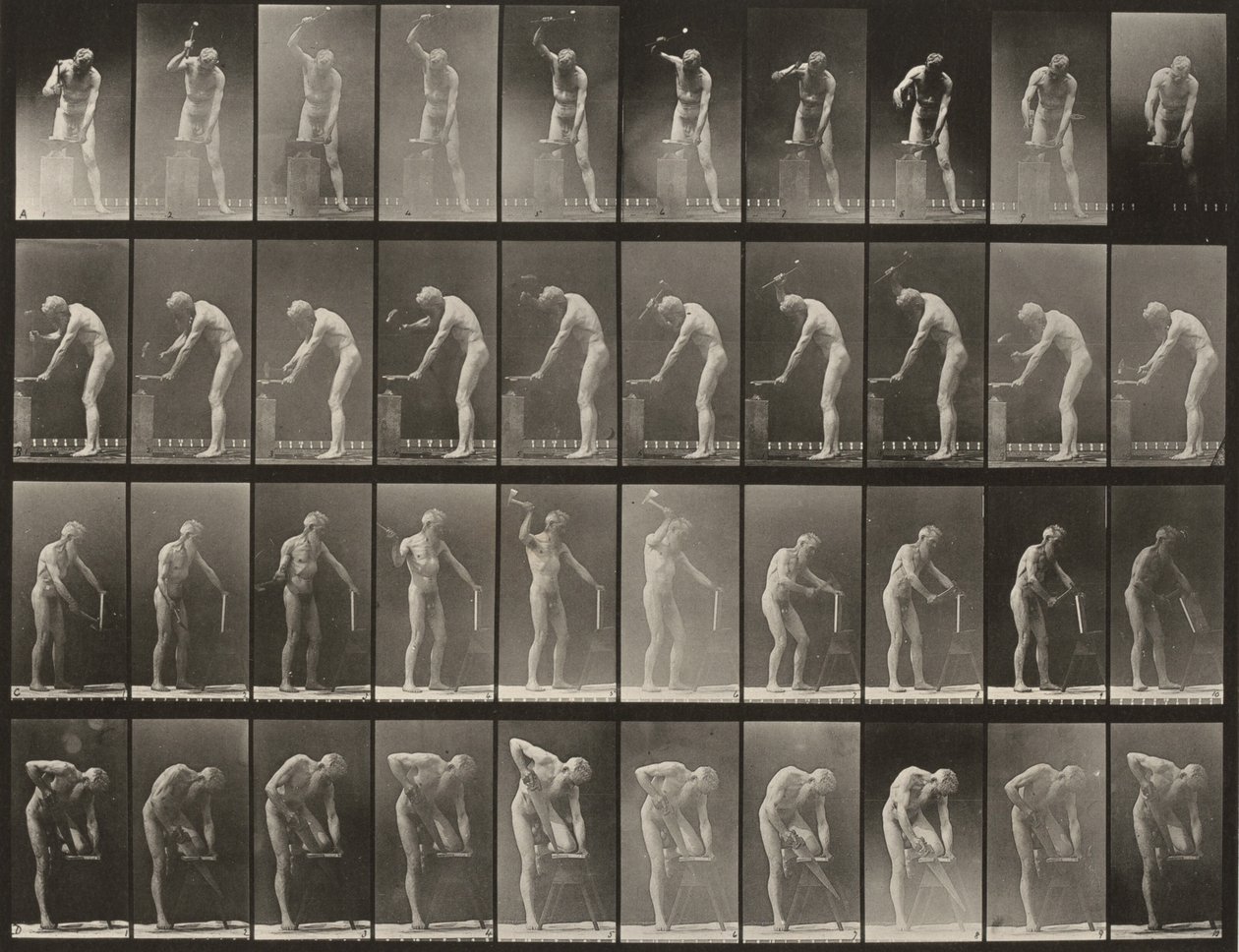 Prancha número 491. A, B: Martelar numa bigorna. C: Utilizar uma machadinha. D: Serrar uma tábua de Eadweard Muybridge