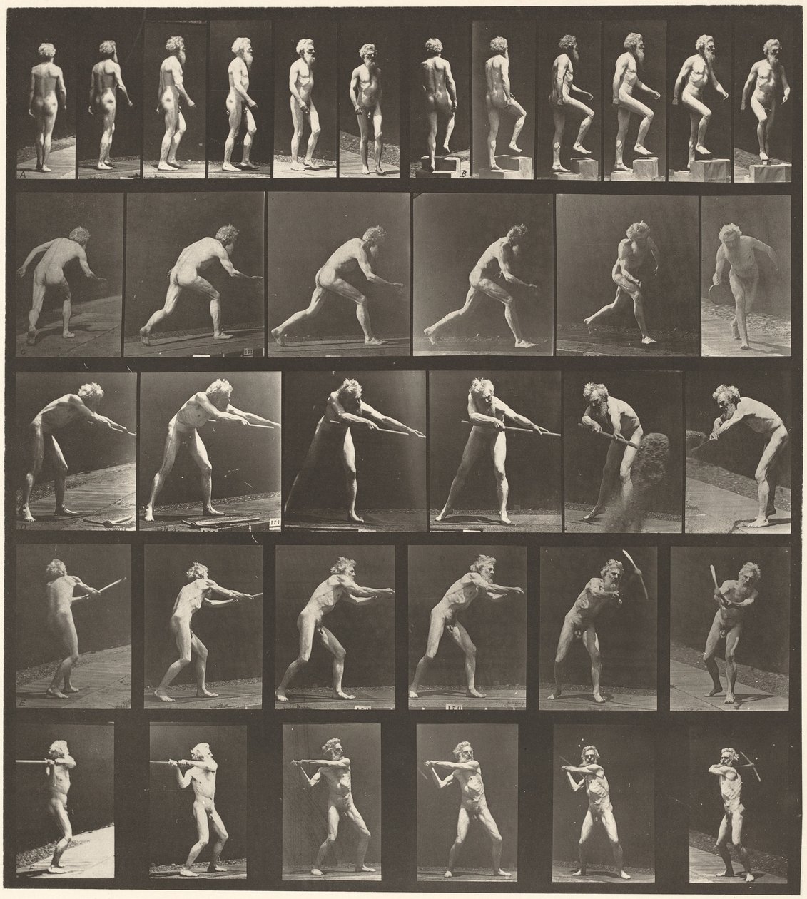 Placa número 521. A: Andar a pé. B: Subir degrau. C: Atirar disco. D: Usando pá. E, F. Usando picareta,1887 (foto) de Eadweard Muybridge