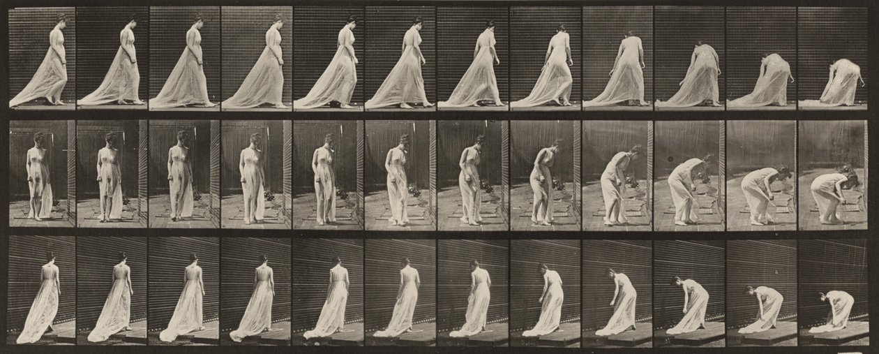 Ilustração n.º 56. Caminhar, virar-se e inclinar-se para levantar a cauda do vestido de Eadweard Muybridge
