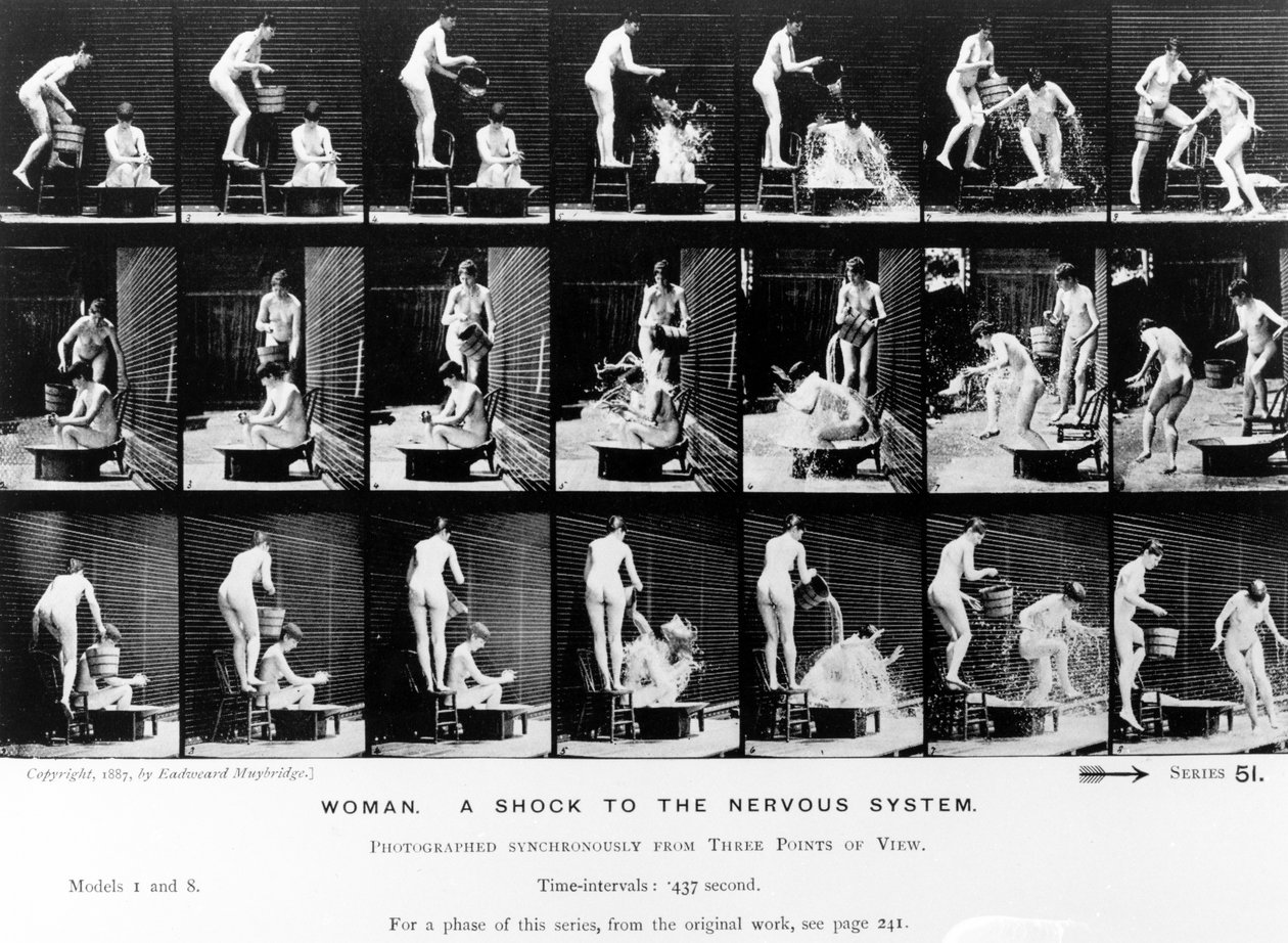 Mulher. Um choque para o sistema nervoso, 1887, ilustração de "A figura humana em movimento" por Eadweard Muybridge, edição de 1904 de Eadweard Muybridge