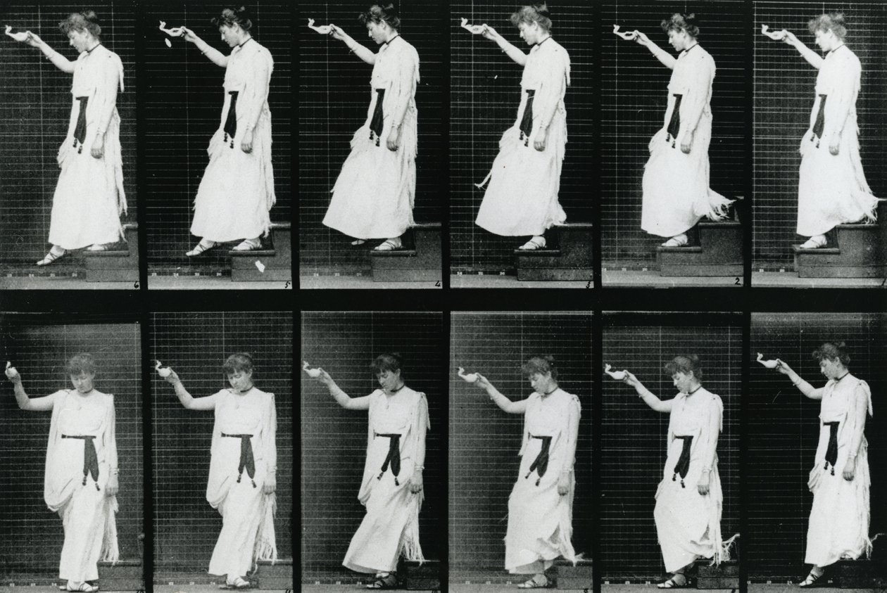 Mulher. Descending a Stairway, 1887, ilustração de "A figura humana em movimento" por Eadweard Muybridge, edição publicada em 1904 de Eadweard Muybridge