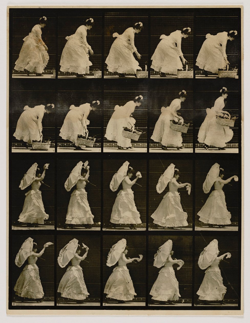 Mulher a levantar um cesto e a acenar com um lenço, do livro Animal Locomotion de Eadweard Muybridge