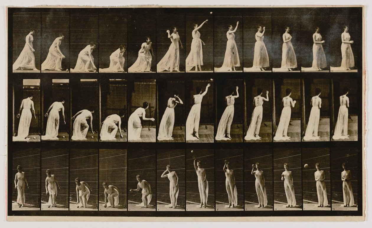 Mulher pega numa bola e atira-a, do livro Animal Locomotion (Locomoção animal) de Eadweard Muybridge