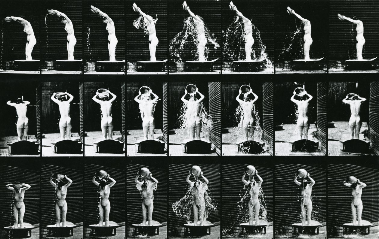 Mulher, despejar, um, bacia água, sobre, dela, cabeça, ilustração, de, &39;The, figura humana, em, Motion&39;, 1904, edição de Eadweard Muybridge