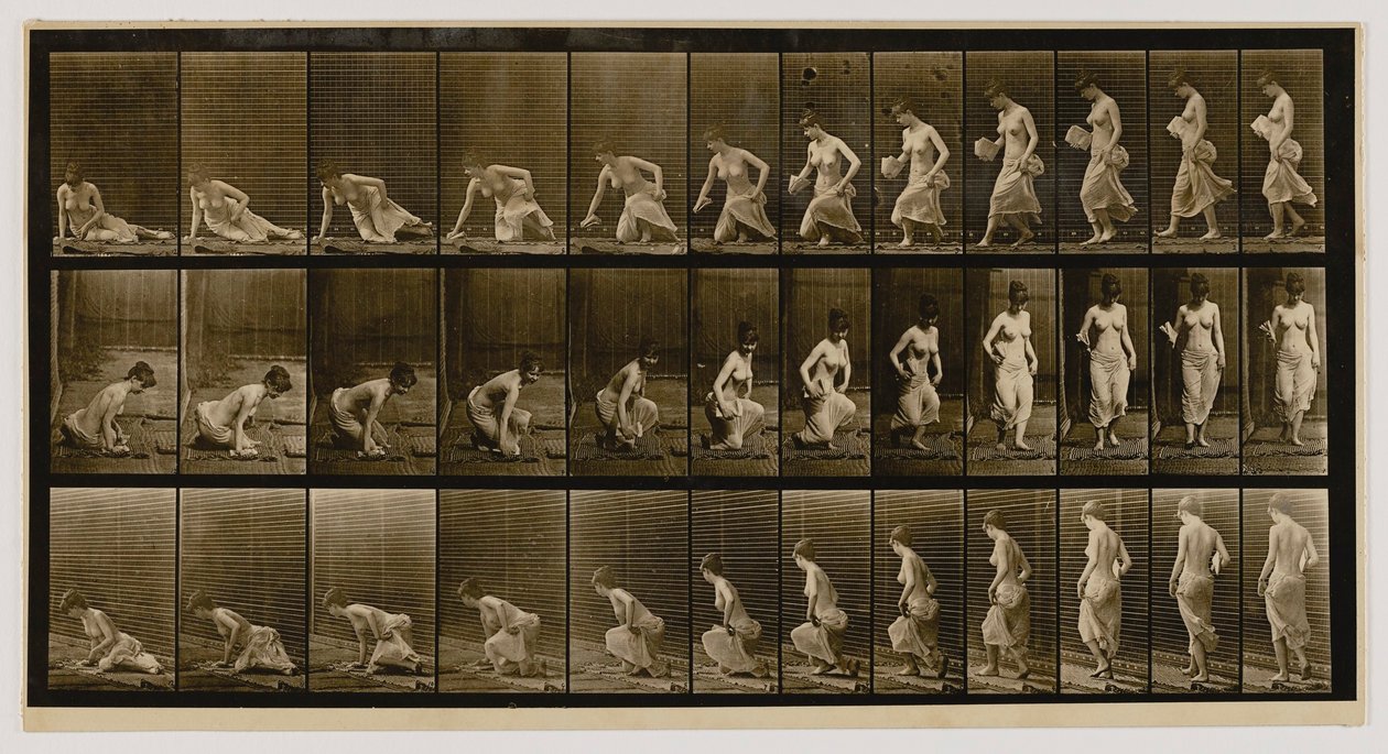 Mulher sentada no chão, do livro Animal Locomotion de Eadweard Muybridge