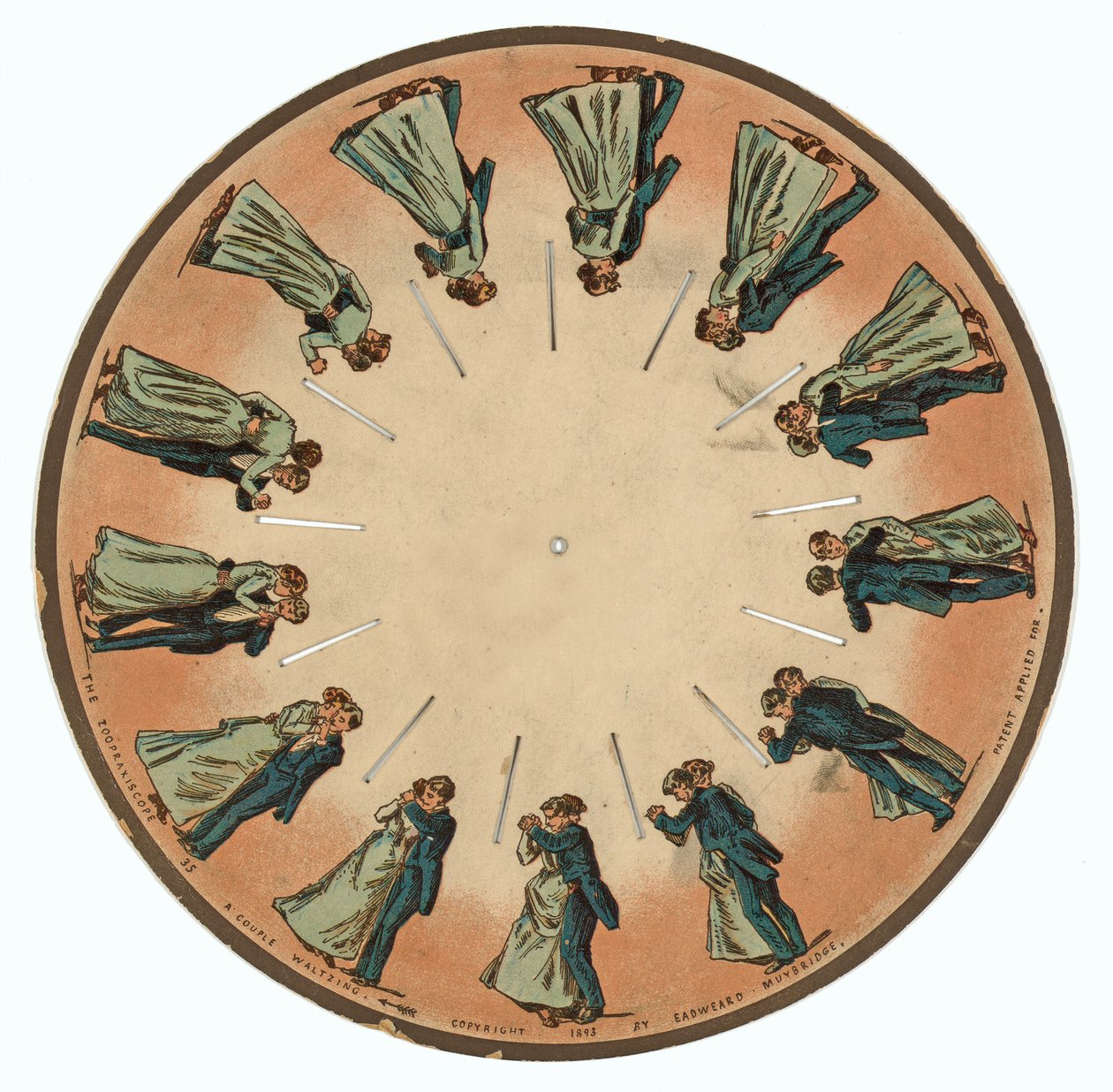 disco de zoopraxiscópio mostrando um casal valsa, 1893 de Eadweard Muybridge