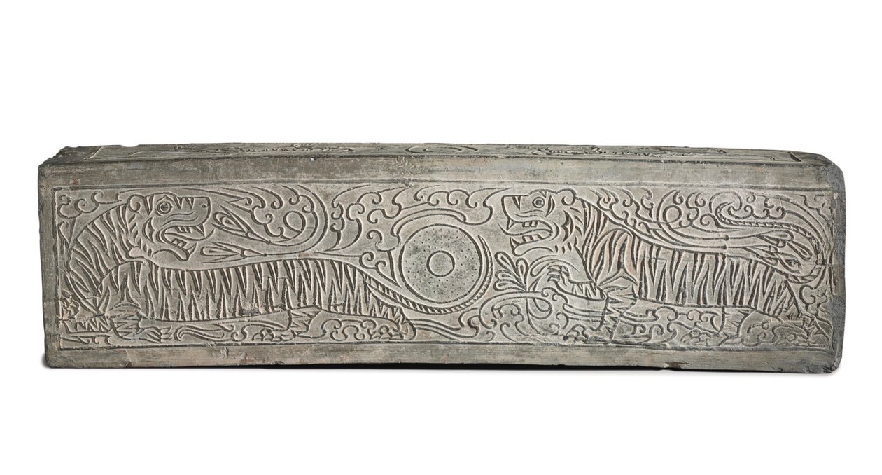 Grande elemento arquitetônico funerário cinza moldado com dois tigres (cerâmica) de Eastern Han Dynasty Chinese School