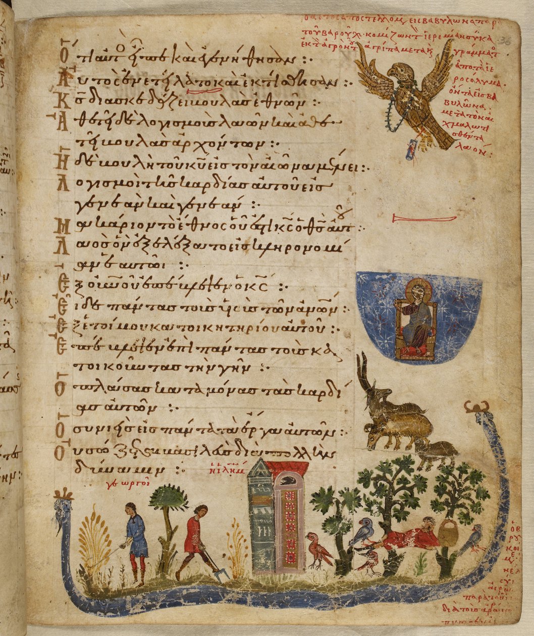 Adicionar. 19352, f.36r Eagle enviado por Baruch; cena do jardim, de Theodore Saltério de Eastern Mediterranean School
