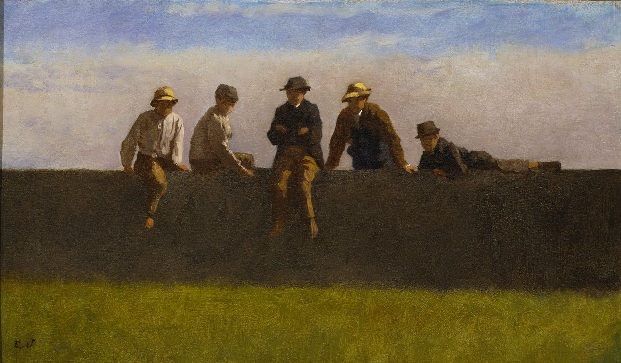 Five Boys on a Wall, c.1875-1880 (óleo no quadro de composição) de Eastman Johnson
