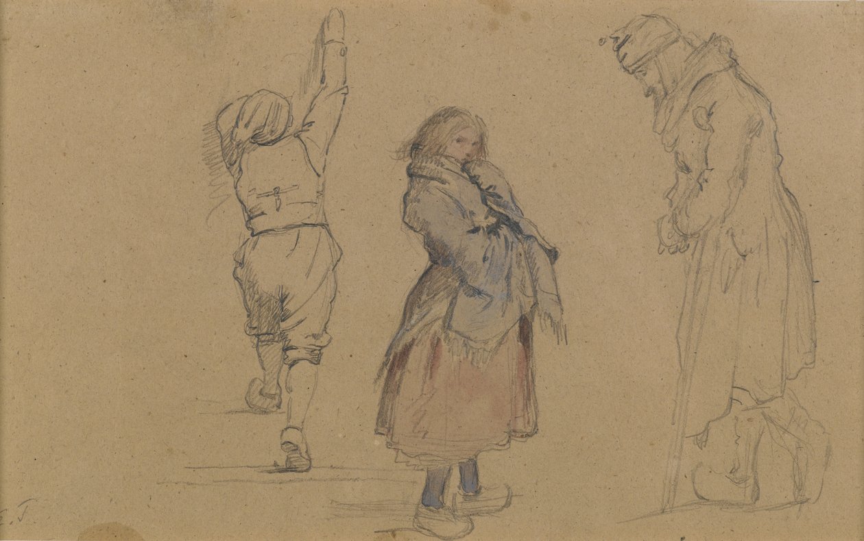 Três figuras holandesas, c.1852 (grafite, wc e giz branco sobre papel pardo) de Eastman Johnson