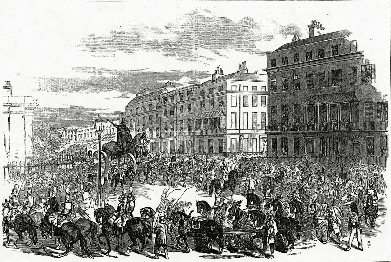 A Grande Procissão da Estátua de Wellington virando Park Lane, publicada no &39;Illustrated London News&39;, 3 de outubro de 1846 de Ebenezer Landells