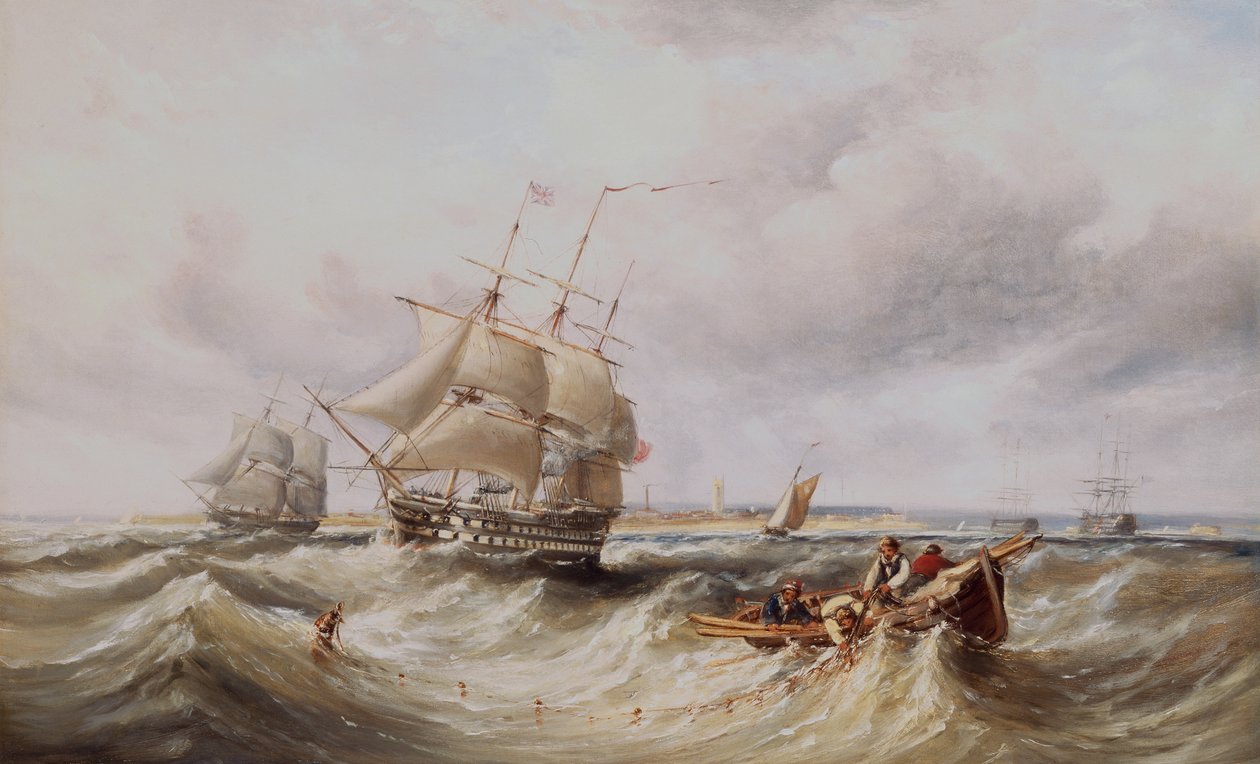 Um porto de saída de dois andares com outros navios de guerra ancorados na enseada (óleo) de Ebenezer Colls