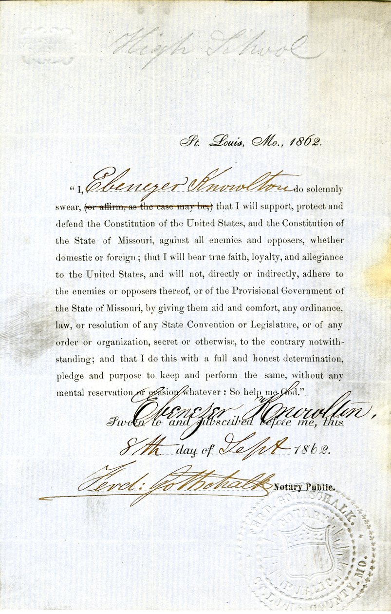 Juramento de lealdade de Ebenezer Knowlton do Missouri, Condado de St. Louis de Ebenezer Knowlton