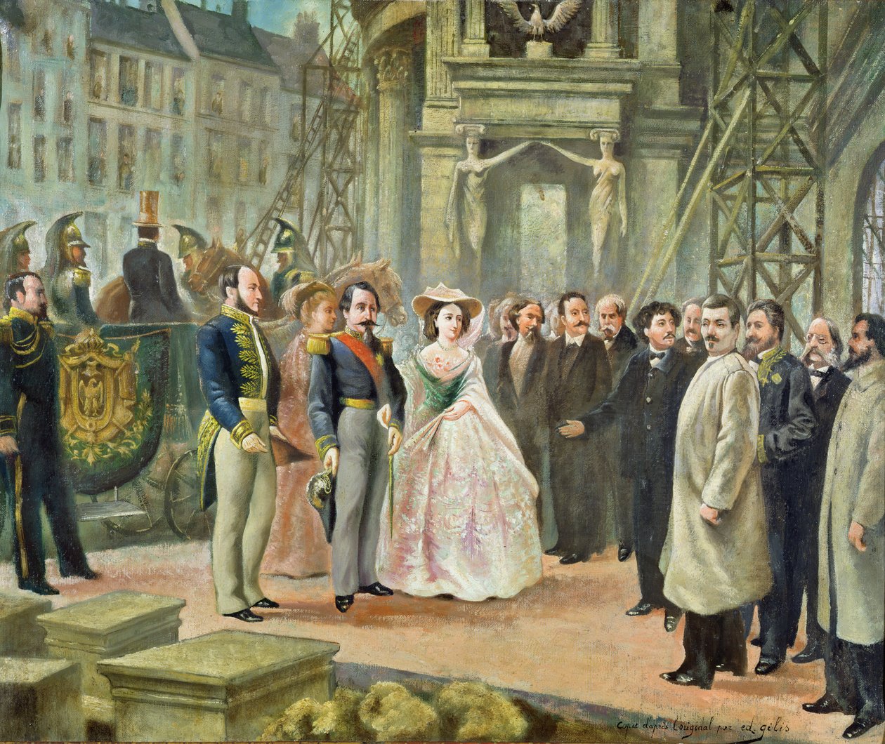 Barão Georges-Eugene Haussmann (1809-91) Napoleão III (1808-1873) e Imperatriz Eugenie (1826-1920) visitando os trabalhadores da ópera de Ed. Gilis