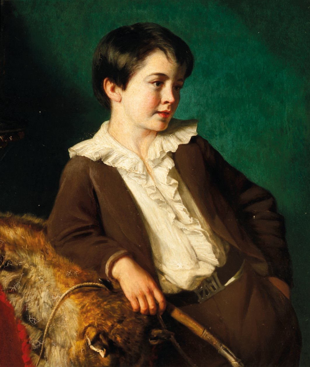 Retrato do mestre John Lethbridge, de Tregeare Manor, Launceston, Devon, três quartos de comprimento, em um terno marrom segurando um chicote, apoiado em uma pele de animal de Eden Upton Eddis