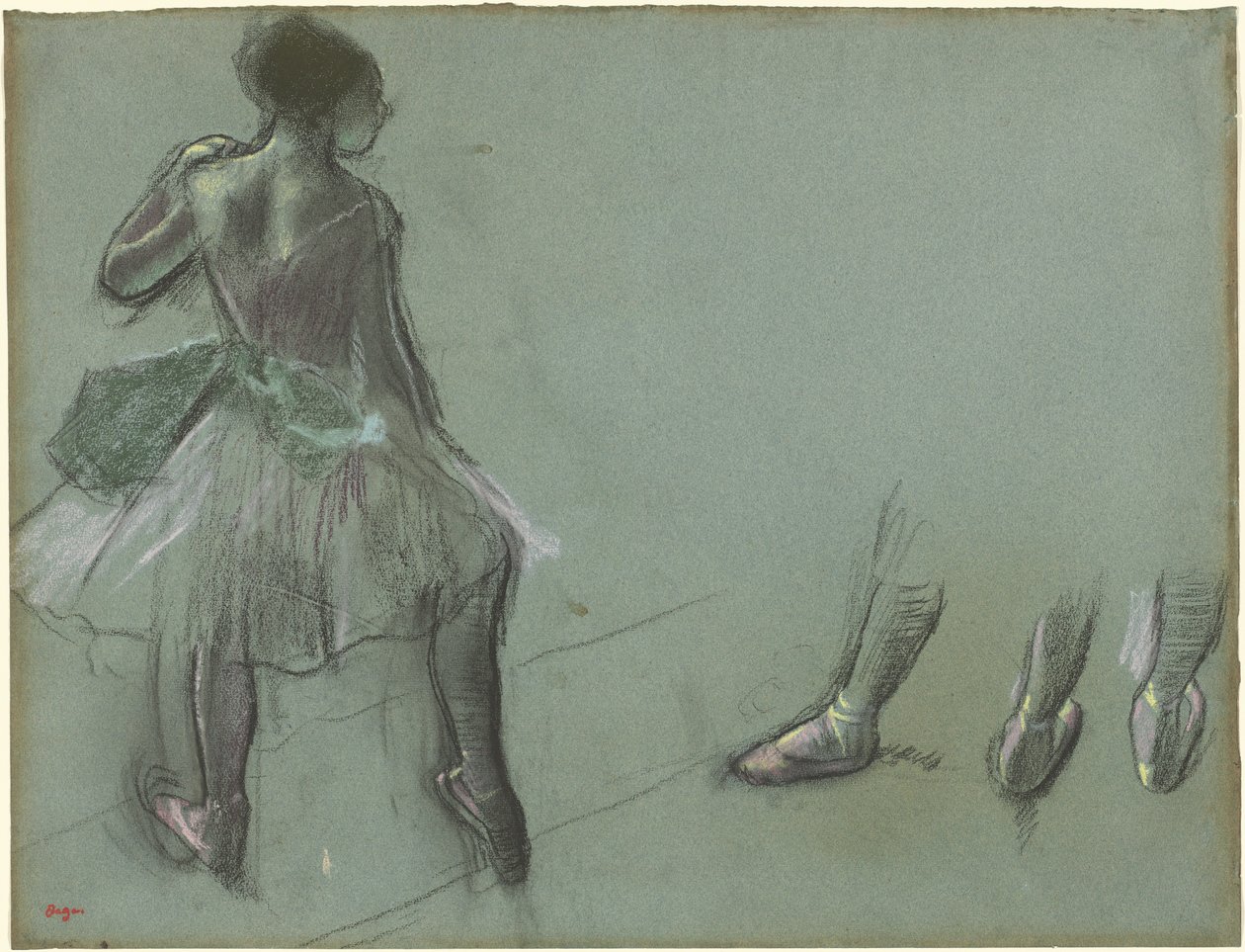 Dançarino visto por trás e três estudos de pés, c.1878 (giz preto e pastel em papel azul-cinza) de Edgar Degas