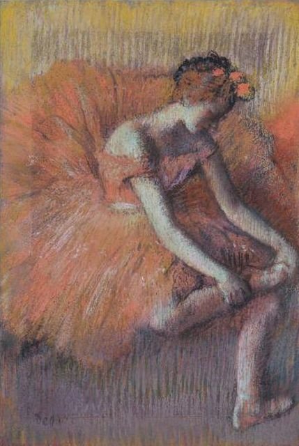 Dançarino, ajustando, dela, sandalen de Edgar Degas