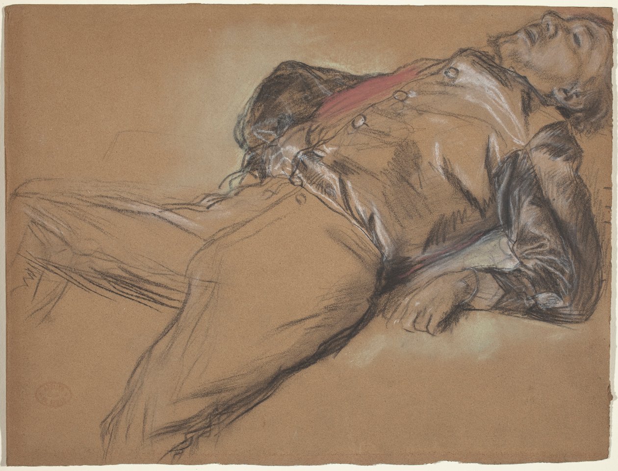 Fallen Jockey (estudo para Cena da Corrida de obstáculos: The Fallen Jockey), c.1866 (giz preto e pastel em papel marrom) de Edgar Degas
