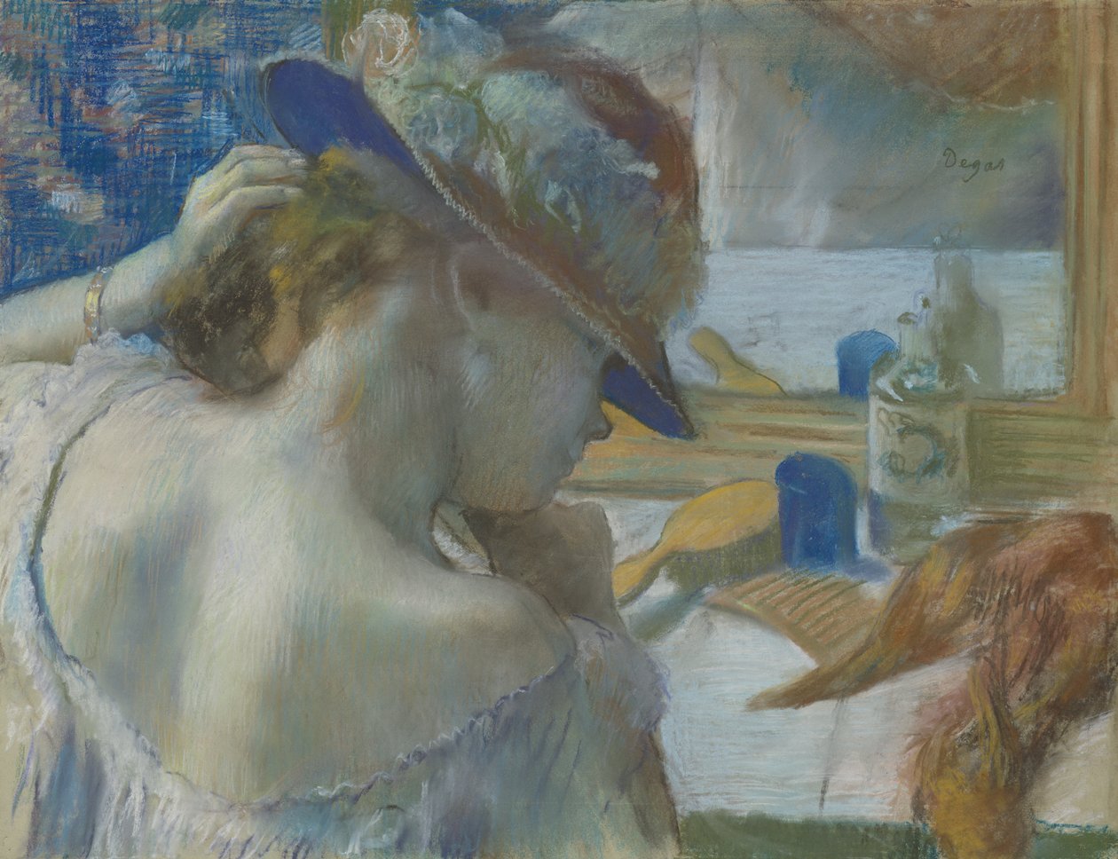 Na frente do espelho, 1889 (pastel sobre papel) (ver 141380 para a versão sem moldura) de Edgar Degas