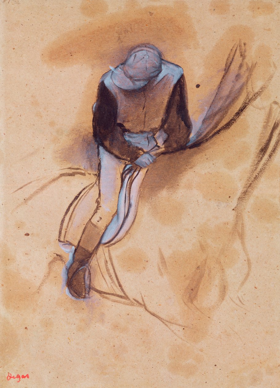 Jockey flexionado para frente em pé na sela, 1860-90 (pastel e carvão no papel) de Edgar Degas
