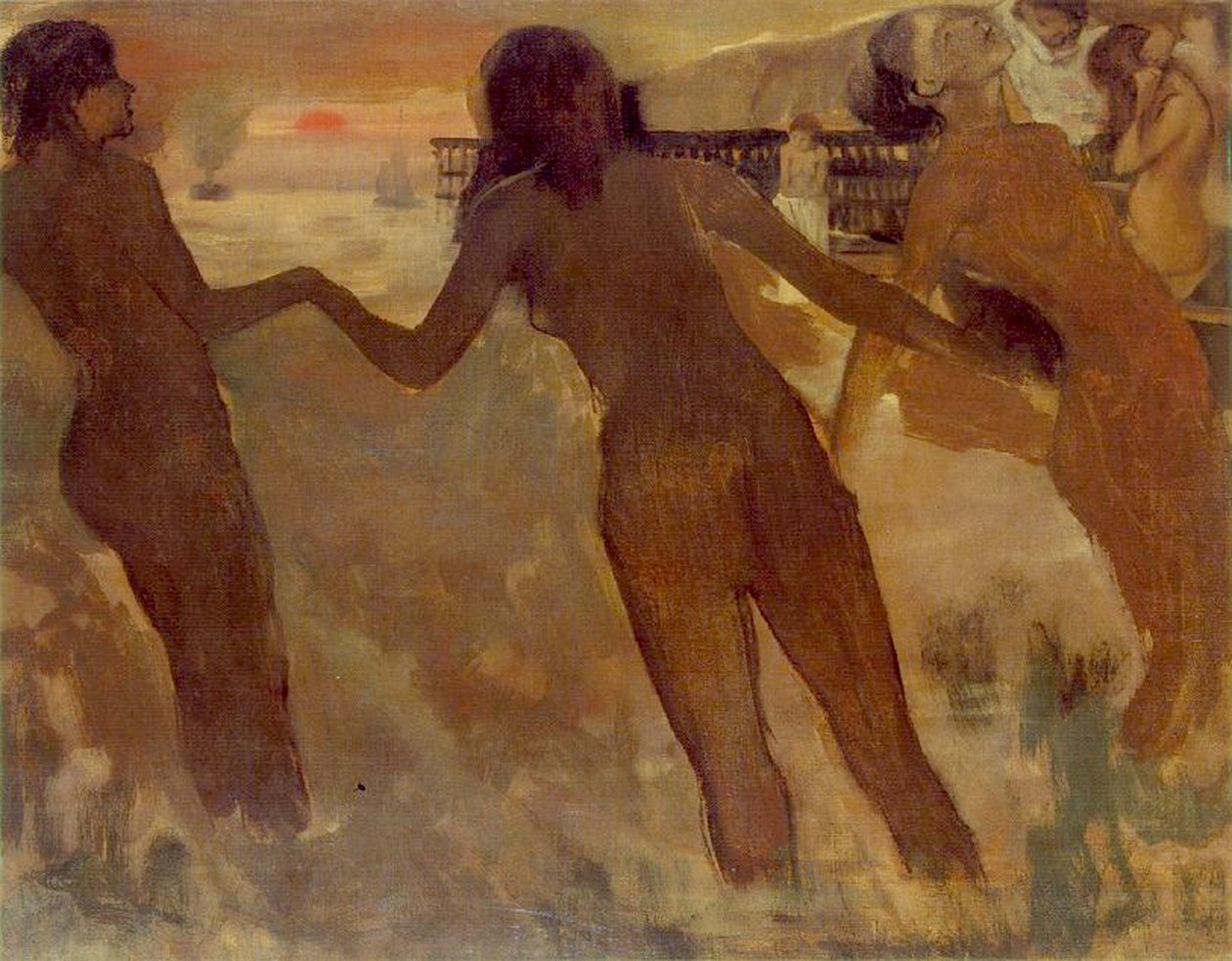 Meninas camponesas tomando banho ao anoitecer, 1875-76 de Edgar Degas