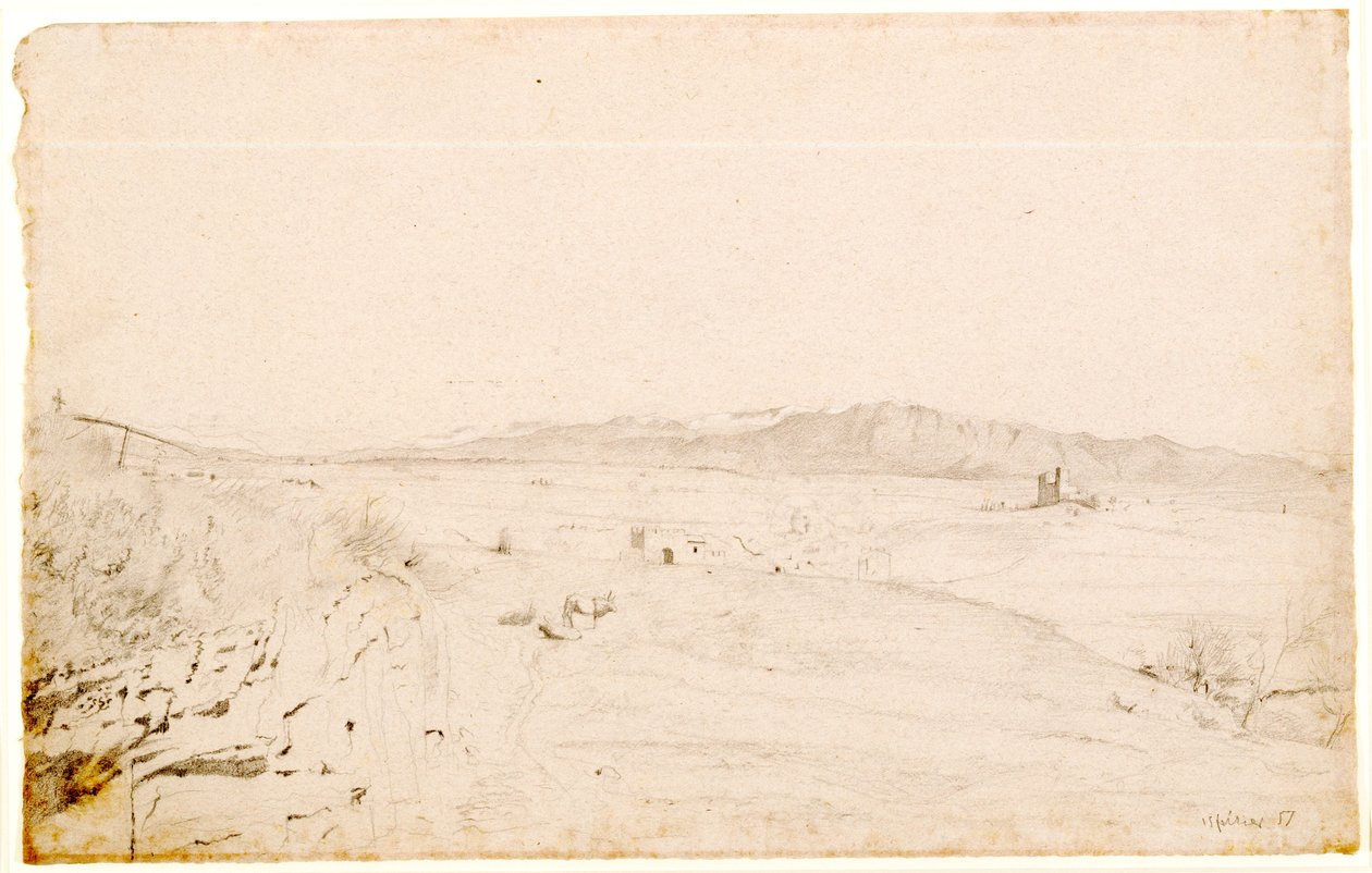 Paisagem Romana, provavelmente em frente ao Monte Lepini, além da cidade de Velletri, 1857 (grafite em papel rosa) de Edgar Degas